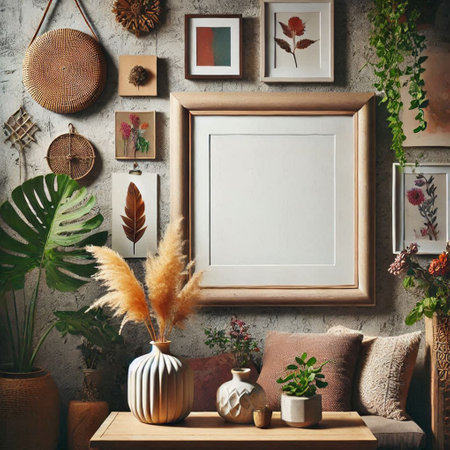 Interior design of living room with mock up poster frame, plants and accessories. 3d render