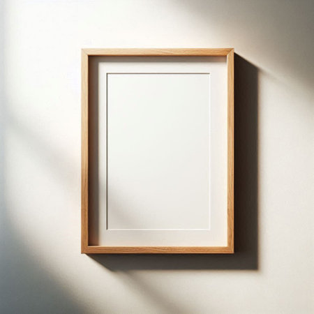 Wooden picture frame on a white wall. 3d render.の写真素材