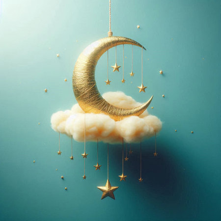 Golden moon with clouds and stars on blue background. 3d illustrationの写真素材
