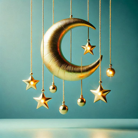 Golden moon and stars hanging on strings on blue background. 3d renderの写真素材