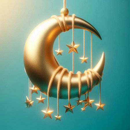 Golden crescent moon with golden stars hanging on blue background. 3D rendering