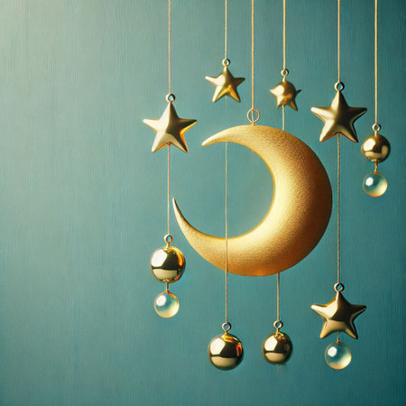 Golden crescent moon and stars hanging on turquoise background. 3D Renderingの写真素材