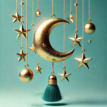 Crescent moon with golden stars on a blue backgroundの写真素材