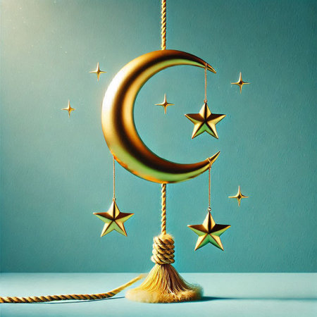 Golden crescent moon and stars hanging on rope on blue background.の写真素材