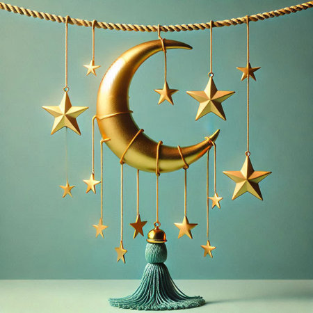 Crescent moon with golden stars hanging on a rope on blue backgroundの写真素材