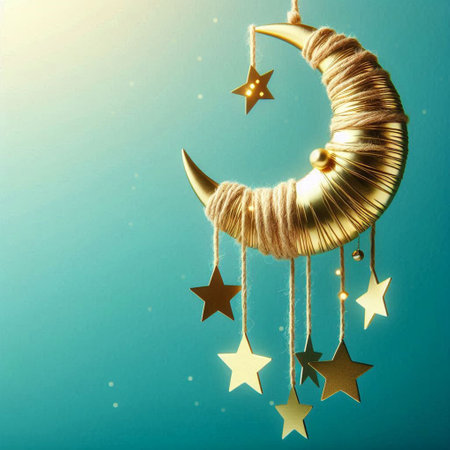 Ramadan Kareem greeting card with crescent moon and golden stars.の写真素材