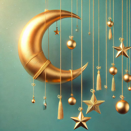 Golden crescent moon and christmas decorations on blue background. 3d renderingの写真素材