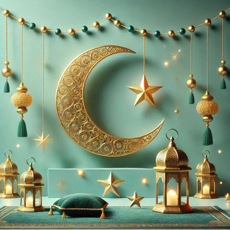 Ramadan Kareem greeting card with golden crescent moon, star and lanterns. 3d renderingの写真素材