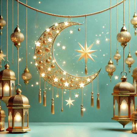 Ramadan Kareem background with crescent moon, stars and lanternsの写真素材