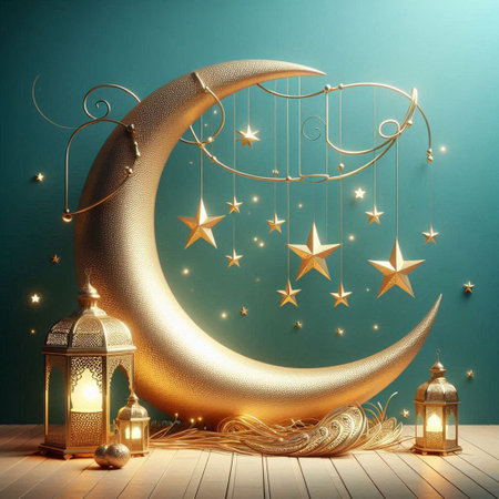 Ramadan Kareem greeting card with golden crescent moon and hanging lanterns. 3d renderingの写真素材