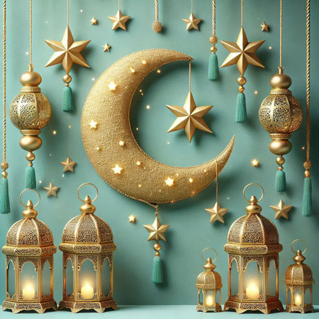 Ramadan Kareem greeting card with golden crescent moon, hanging lanterns and stars.