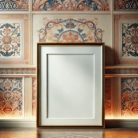 Empty frame on the wall in the interior of the room. 3d render