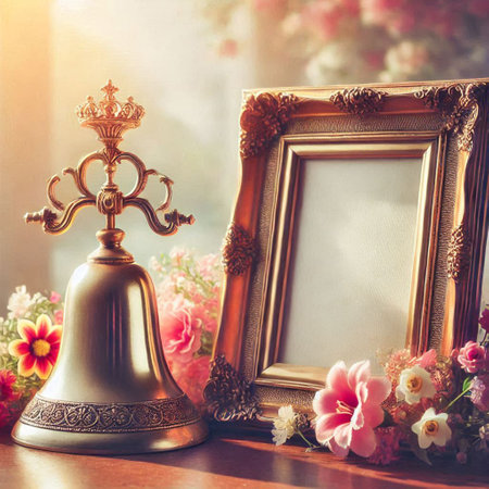 Vintage photo frame and flower bouquet on wooden table, filtered image