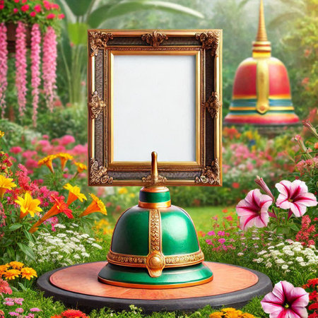 Blank photo frame in the garden with flower background. 3d renderingの写真素材