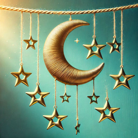 Golden crescent moon and stars hanging on rope against turquoise backgroundの写真素材