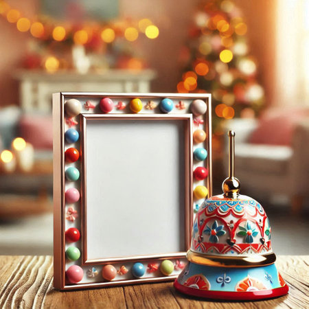 Blank photo frame with christmas decorations on wooden table in room