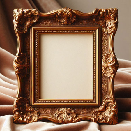 Golden picture frame on silk background, vintage style. Copy space.の写真素材