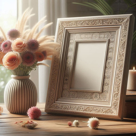 Wooden frame mockup with flowers in vase on the tableの写真素材