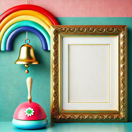 Photo frame mockup with bell and rainbow decoration. 3d renderingの写真素材