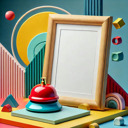 3d illustration of wooden frame with red bell and colorful geometric figuresの写真素材