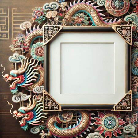 Vintage frame on a wooden background with oriental pattern. Top view.の写真素材