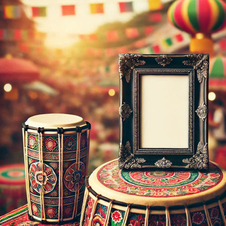 Vintage photo frame and drum on the background of a street marketの写真素材