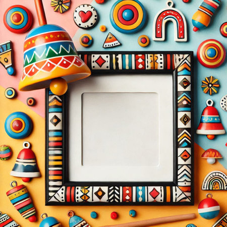 Top view of frame with wooden toys on colorful background. Flat layの写真素材