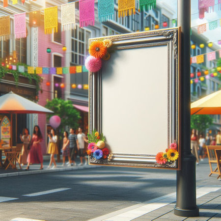 Blank picture frame on the street with people in the background.の写真素材