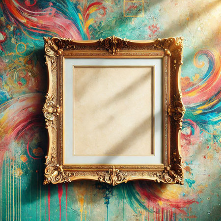 Old picture frame on abstract colorful background. 3d render and illustrationの写真素材