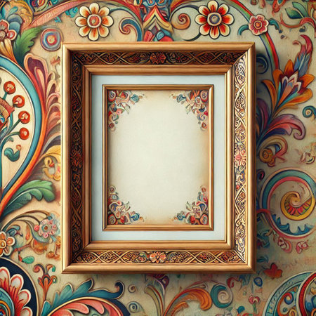 Vintage frame on colorful wallpaper background. 3D render illustration.の写真素材