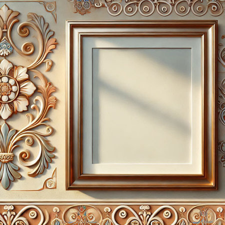3D render of a vintage frame on a wall with ornamentsの写真素材