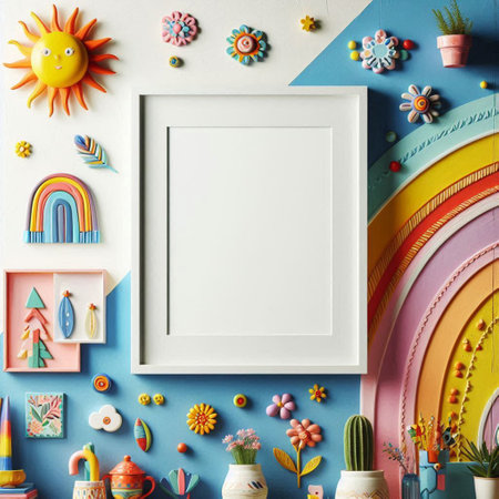 Mock up frame and colorful children's toys on a white backgroundの写真素材