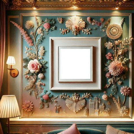 Photo frame on the wall in the bedroom. Decorated with flowers.