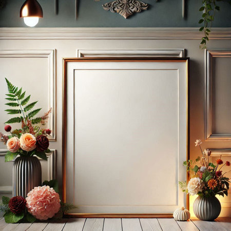 Mock up frame in classic interior with flowers. 3d renderの写真素材