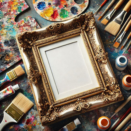 Paint brushes and picture frame on the table. Top view.の写真素材