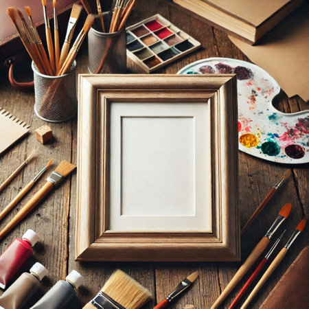 Art supplies and painting frame on wooden background. Flat lay, top viewの写真素材