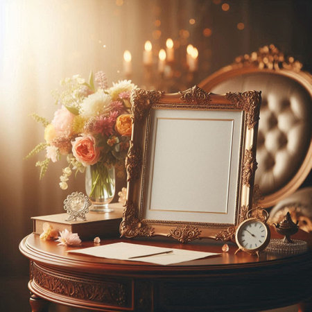 Vintage photo frame on the table in the interior of the roomの写真素材