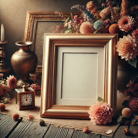 Vintage photo frame with flowers and alarm clock on old wooden background.の写真素材