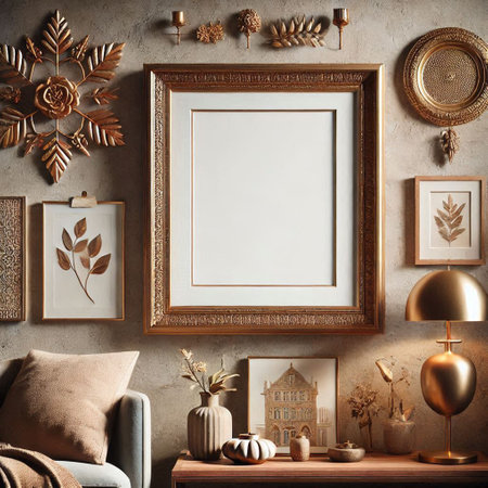 Mock up poster frame in interior background. 3d render illustrationの写真素材