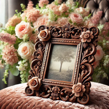 Vintage wooden photo frame on a sofa with flowers in the background