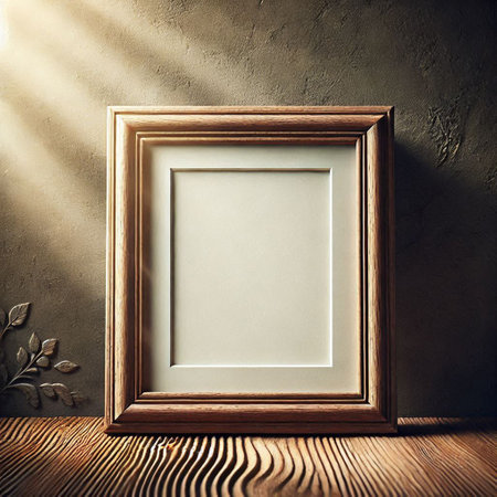 Blank photo frame on wooden table. Mock up, 3D Renderingの写真素材