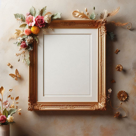 Mock up blank photo frame with floral decoration on the wall.の写真素材