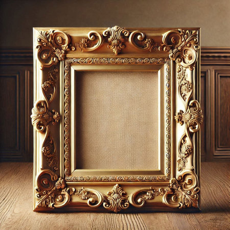 Vintage picture frame on the wooden floor. 3d render.の写真素材
