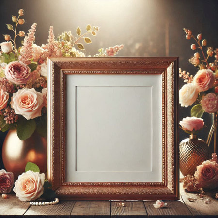 Empty photo frame with flowers on wooden table. Mockup for designの写真素材