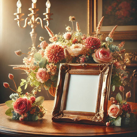 Vintage photo frame with flowers on the table in vintage interior.の写真素材