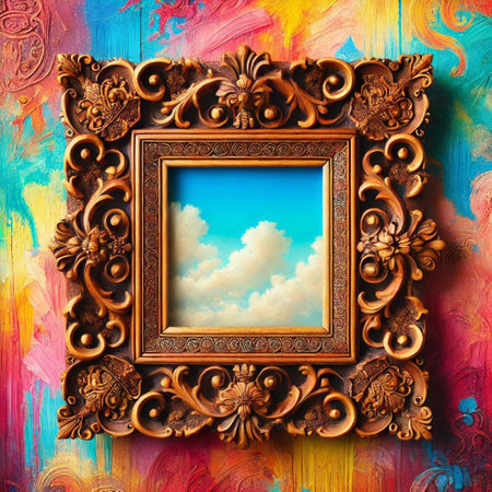 Vintage picture frame with sky and clouds on abstract colorful background.の写真素材