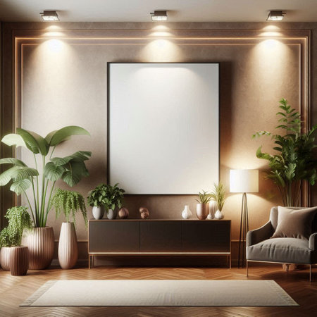 Mock up poster frame in living room interior, 3d render