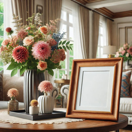 Vase with flowers and photo frame on the table in the living roomの写真素材