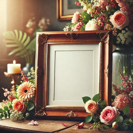 Photo frame with flowers and candles on wooden table. Floral backgroundの写真素材