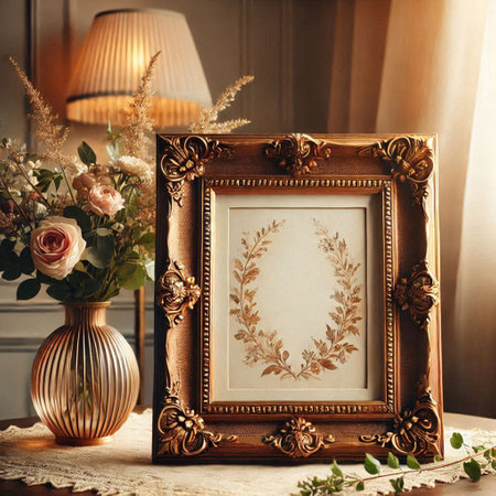 Vintage photo frame with flowers in a vase on the tableの写真素材